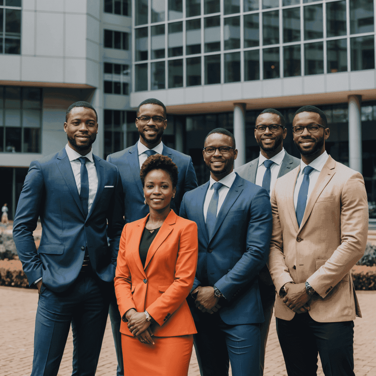 The Rainbow Nation Consulting team standing in front of a modern office building in Johannesburg. The team is diverse, representing the rainbow nation, and dressed in professional attire. They appear confident and approachable.