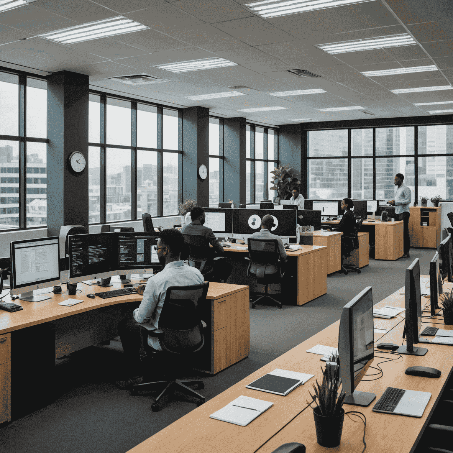 A modern office in Johannesburg with employees working on computers, symbolizing digital transformation in South African businesses