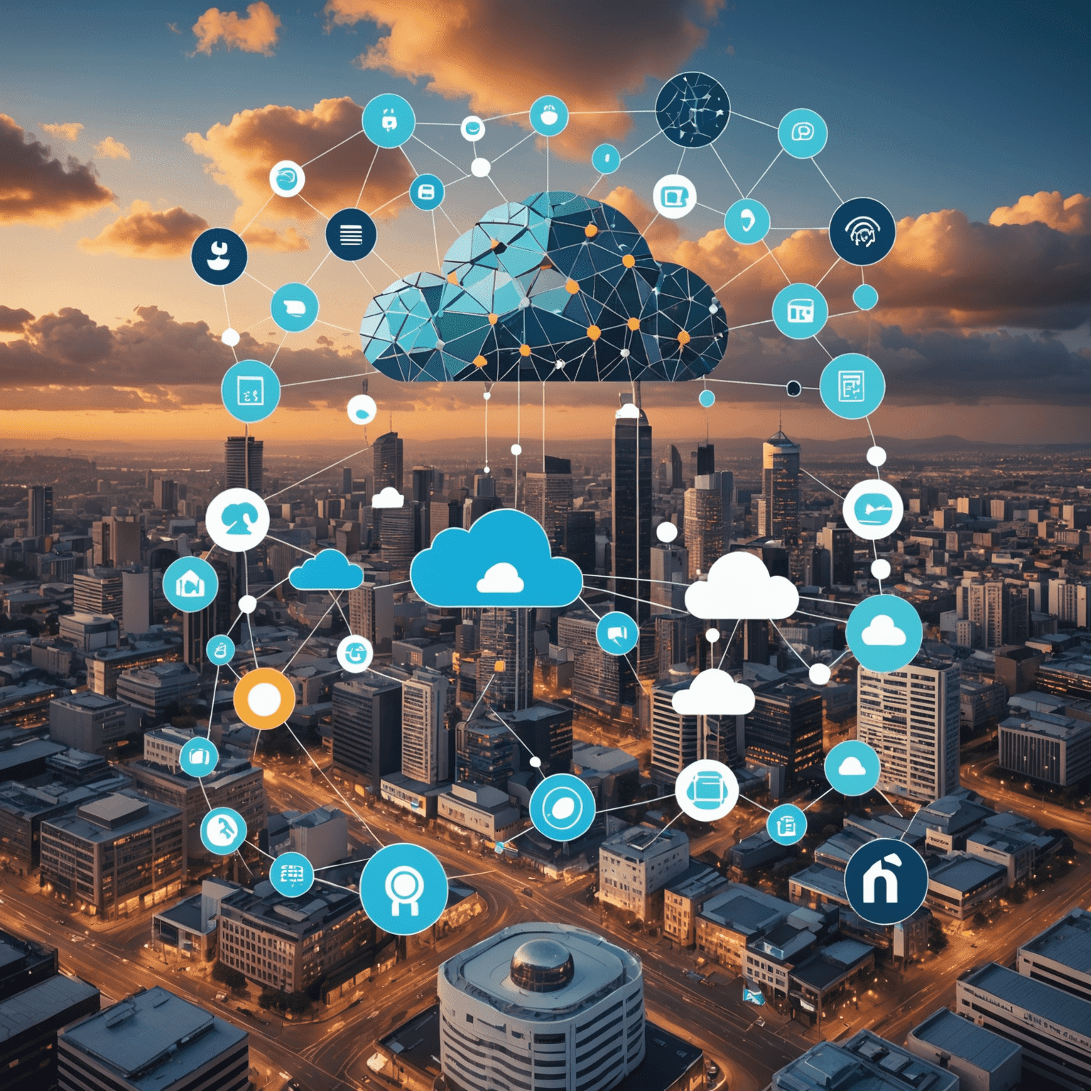 Collage of technology icons representing AI, IoT, and cloud computing over a South African cityscape