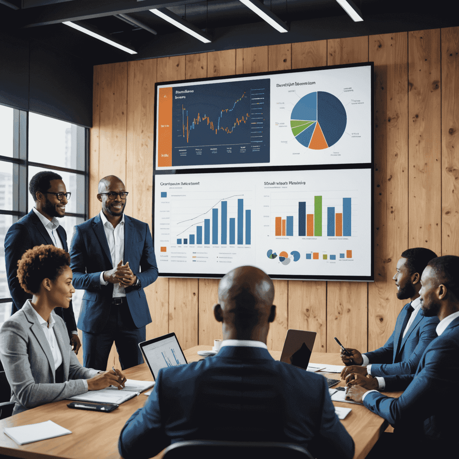 A professional South African digital consultant presenting to a diverse group of business people in a modern office setting, with charts and graphs displayed on a large screen behind them.