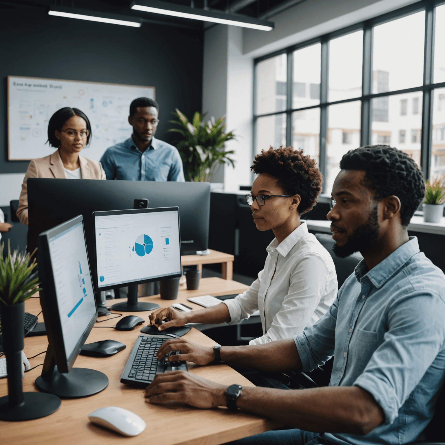 A diverse group of South African professionals working on computers, showcasing various digital skills in a modern office setting