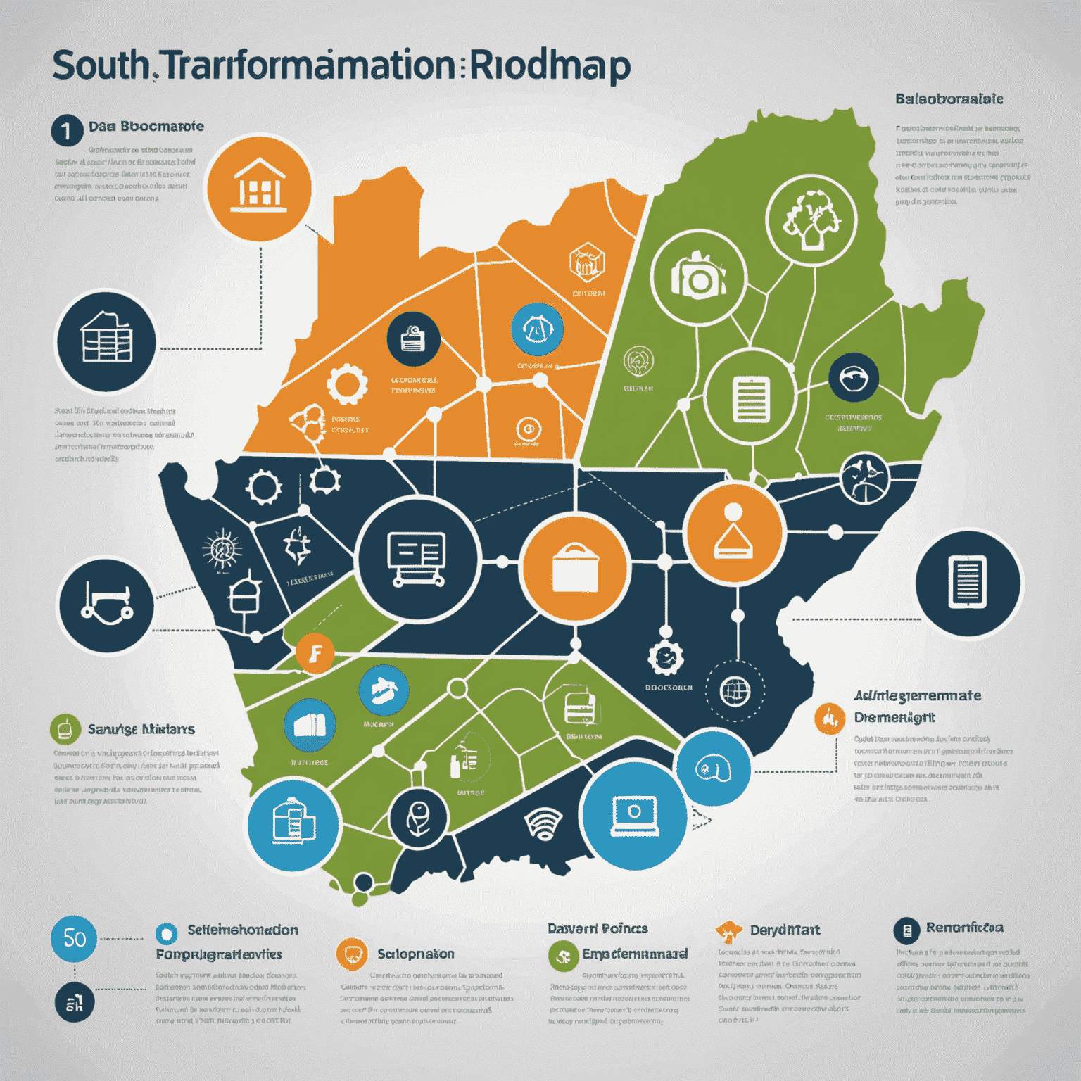 A digital transformation roadmap specific to South Africa, showing key milestones and technologies relevant to the local market, with icons representing fintech, e-commerce, and data analytics.