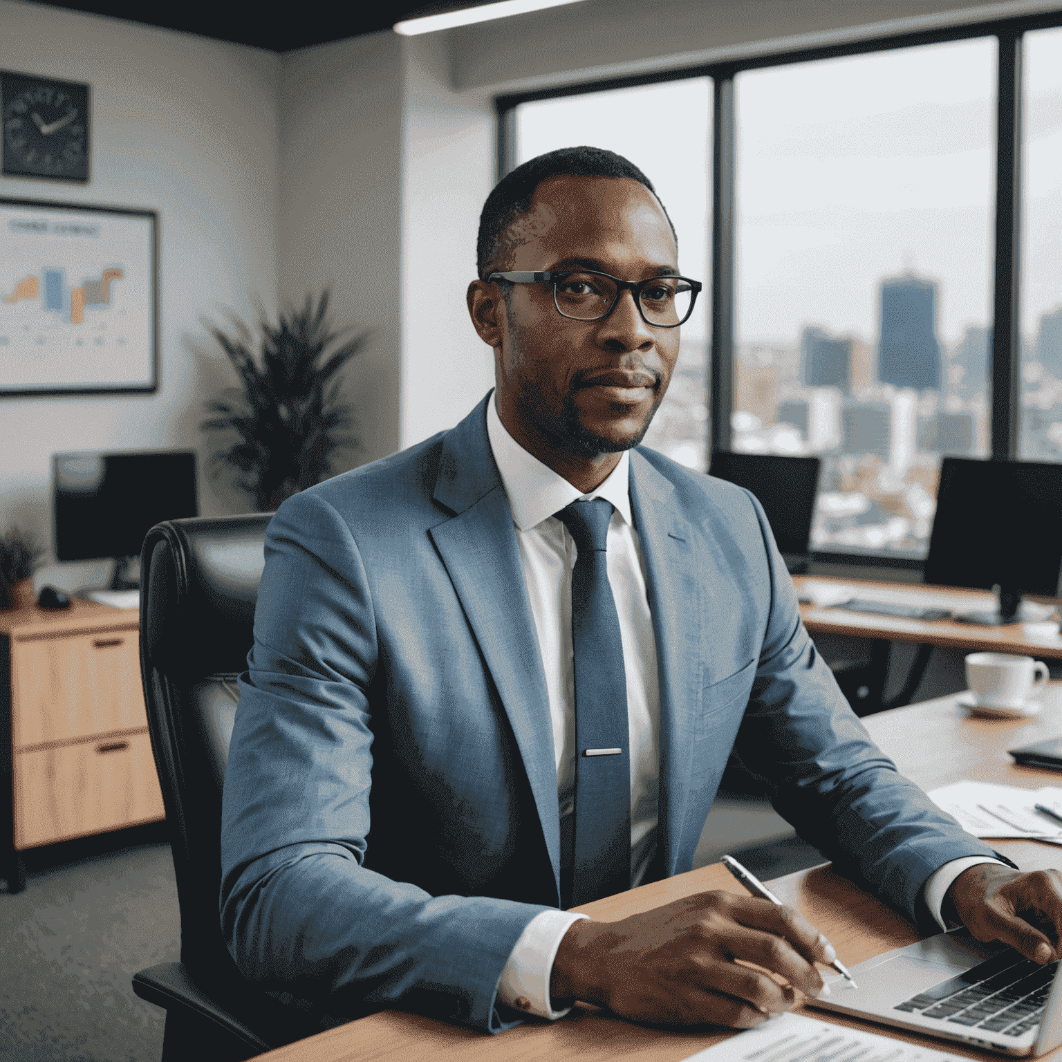 A financial consultant using advanced digital tools to present investment strategies to clients in a modern South African office