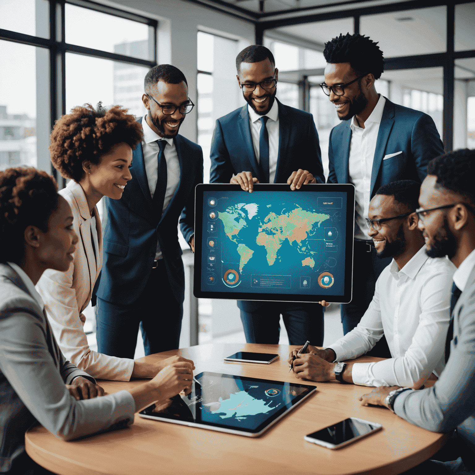 A diverse team of consultants working with a South African business leader, planning a digital transformation strategy on a large touchscreen display