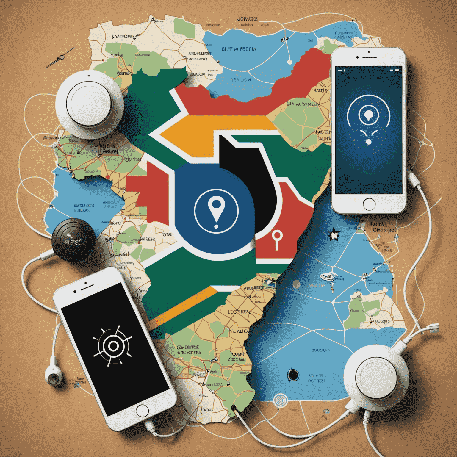 Connected devices over a map of South Africa, illustrating IoT concept